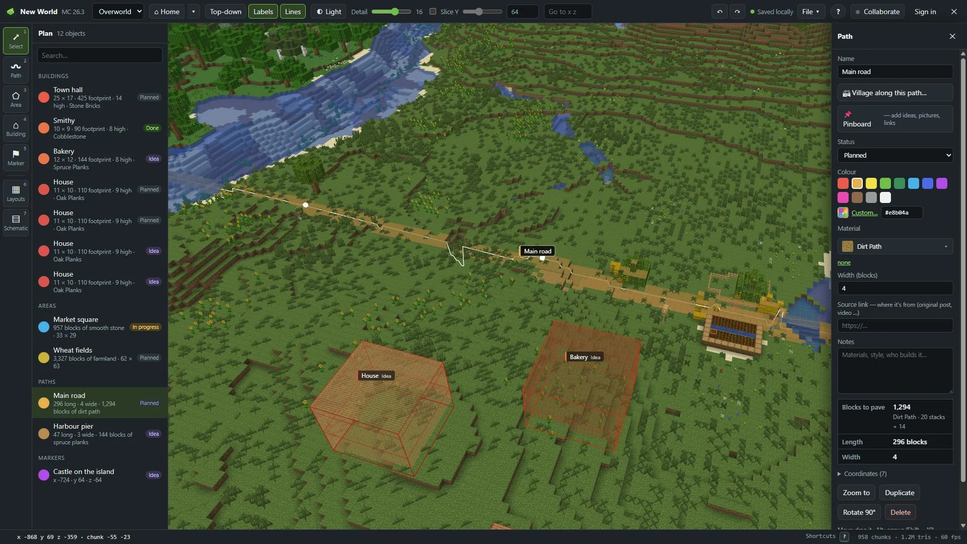 The main road selected in MC Planner. The inspector on the right shows its length, width and the blocks it needs.