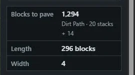 Close-up of the inspector: 1,294 blocks of dirt path, 296 blocks long, 4 wide.