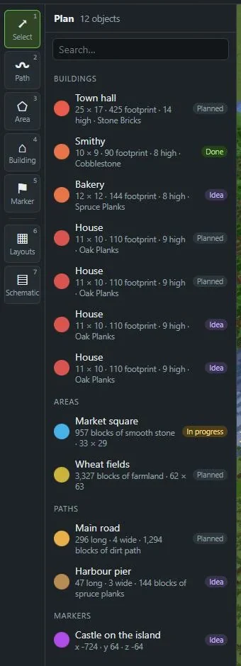 The plan list in MC Planner: buildings, areas and paths, each with its size, material and status.
