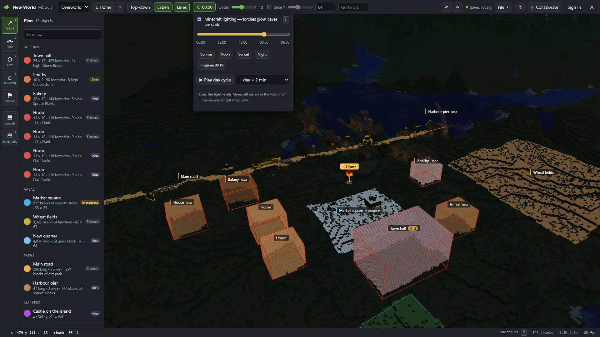 The planned village at night in MC Planner, with light levels showing the dark spots.