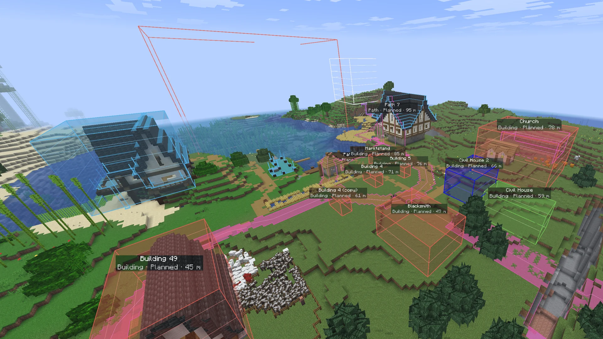 The MC Planner mod in Minecraft: a planned village over the terrain, with paths, see-through building boxes and a label on each.