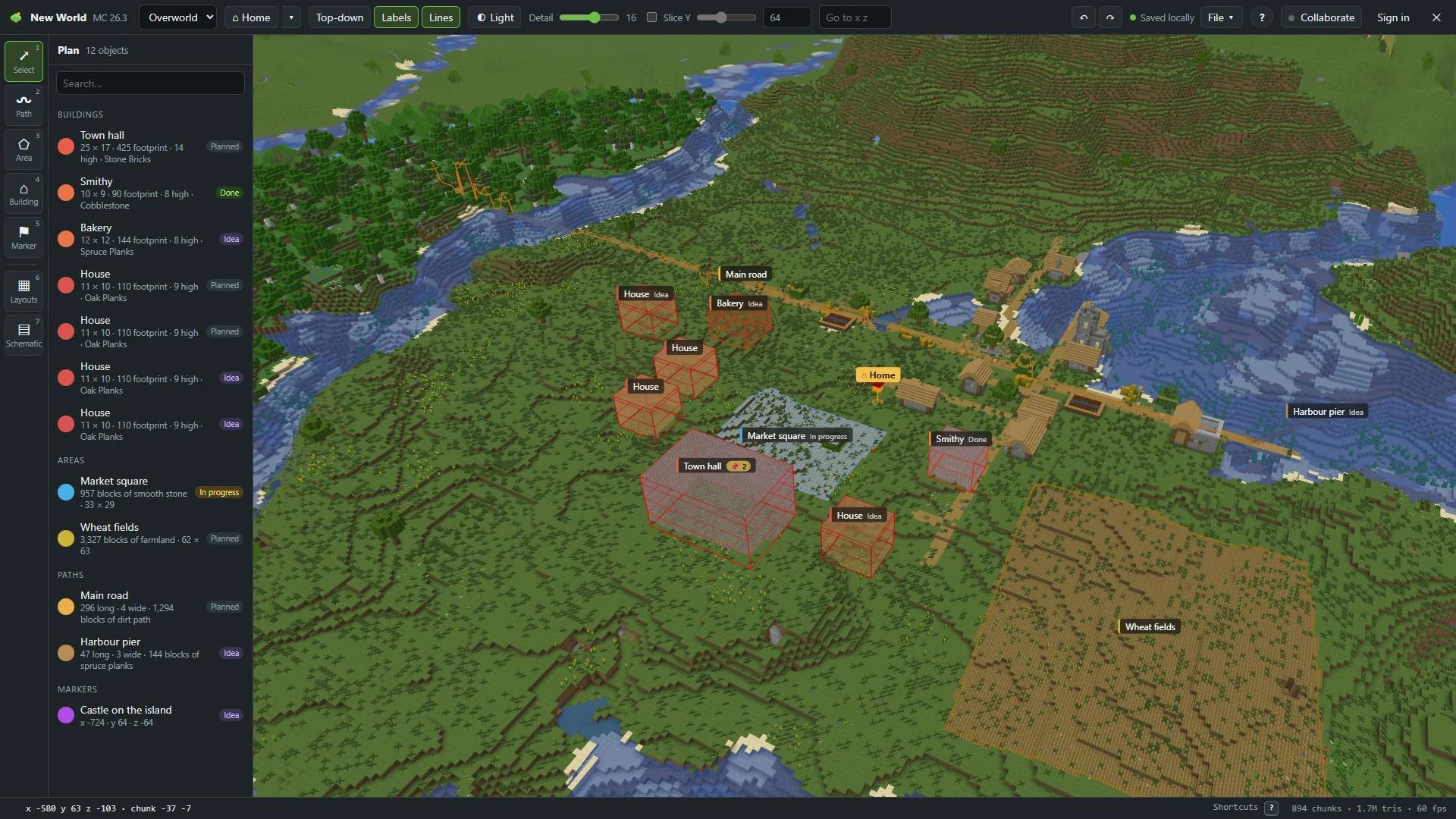A village planned on a real Minecraft world in MC Planner: a road, a market square, houses and fields drawn on the terrain, with the plan list on the left.